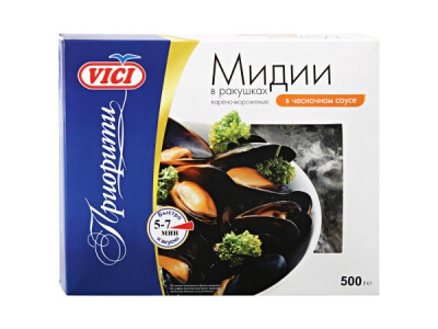 Мидии Vici Приорити в ракушках варено-мороженые в чесночном соусе 0,5кг