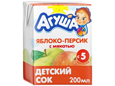 Сок Агуша Яблоко - Персик с мякотью для детей с 5 месяцев, 200мл