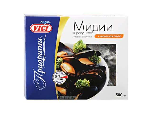 Мидии Vici Приорити в ракушках варено-мороженые в чесночном соусе 0,5кг