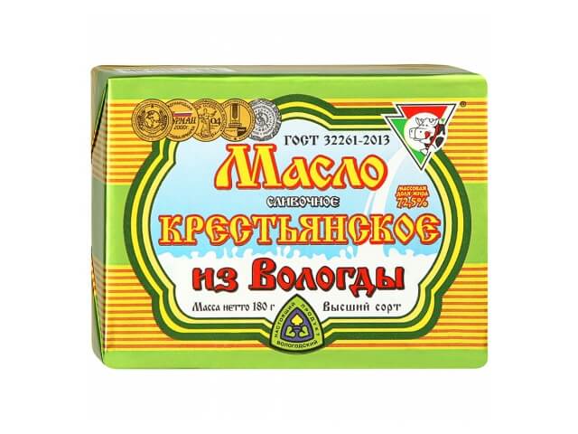 Масло из Вологды сливочное Крестьянское 72,5%, 180г