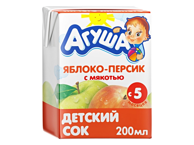 Сок Агуша Яблоко - Персик с мякотью для детей с 5 месяцев, 200мл